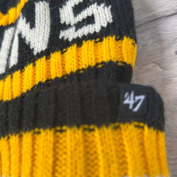 Boston Bruins ’47 Brand Knit Pom Beanie Black Yellow White OSFA Acrylic NHL Hat - Picture 3 of 6